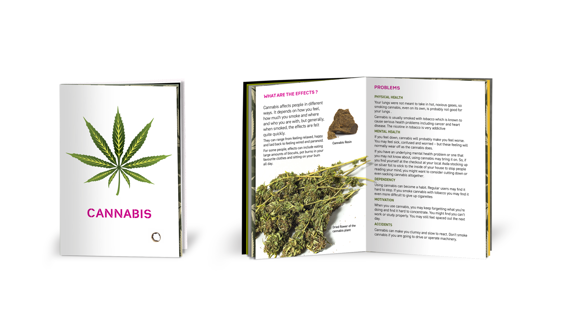 Cover and inside pages of a cannabis harm reduction booklet showing cannabis resin nd skunk cannabis