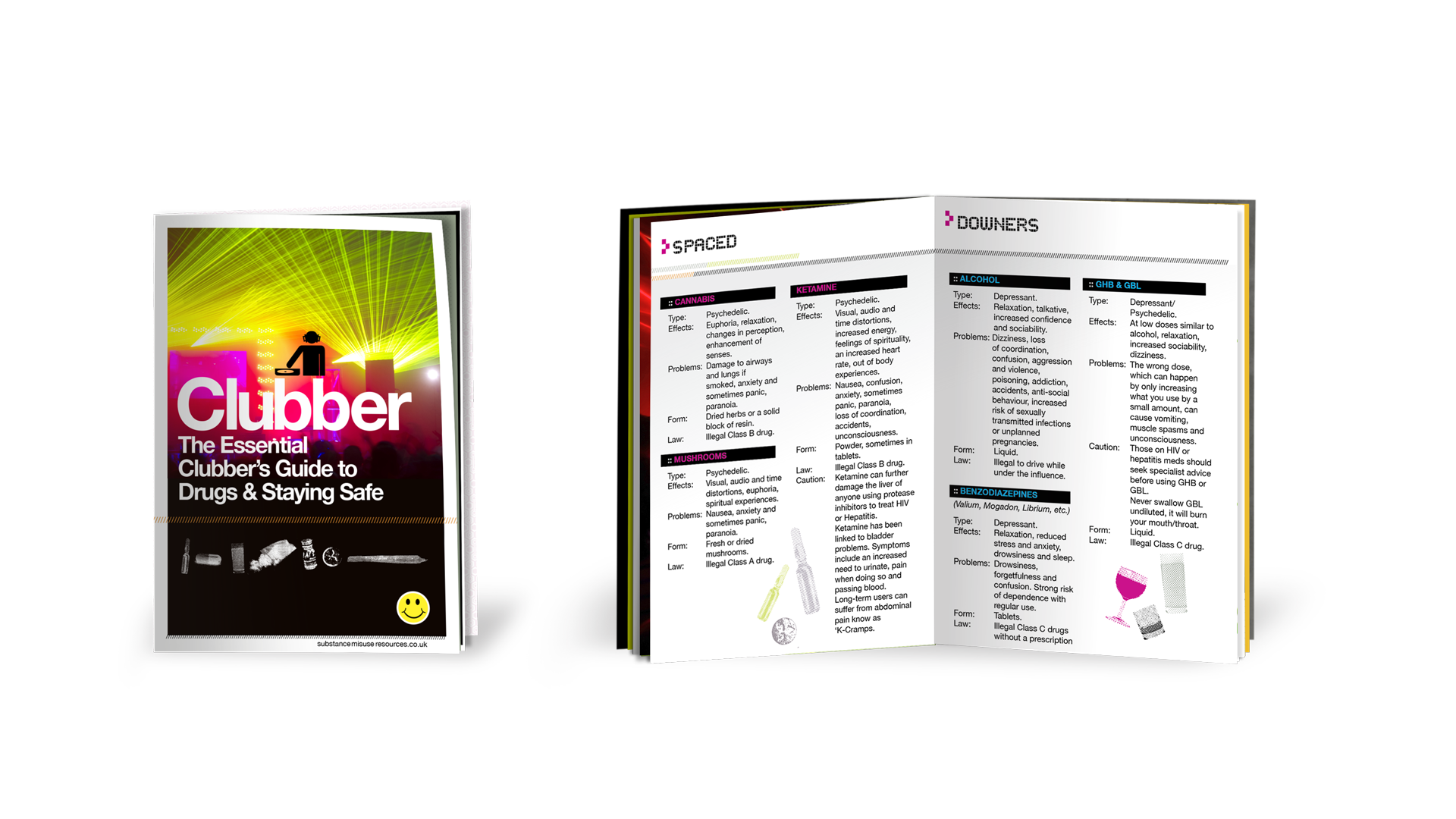 cover and inside pages of clubbing and drug harm-reduction booklet showing a strobe light and DJ playing records on the cover. On the inside pages, it shows a list of downer drugs and drugs that space you out.