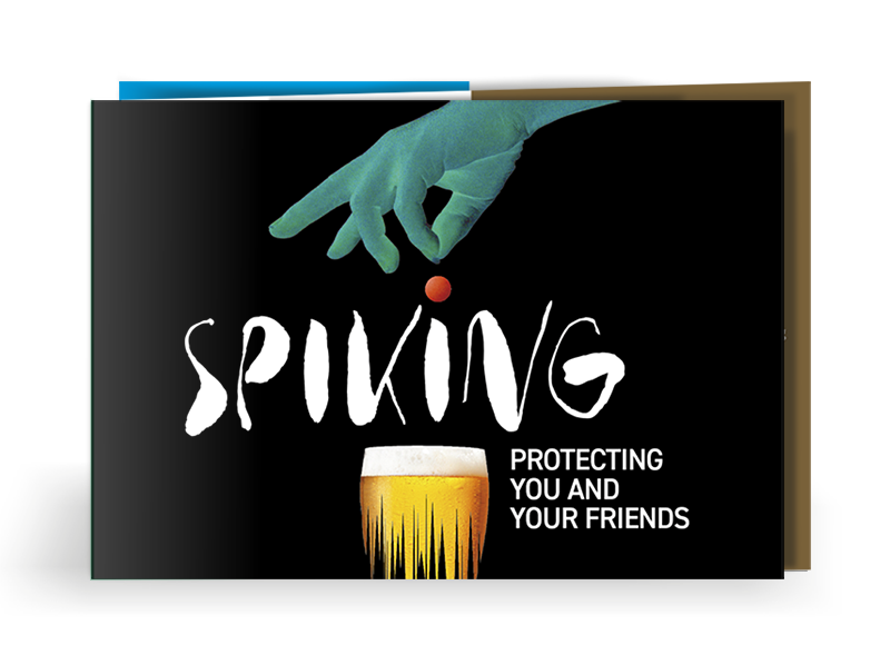 drink spiking leaflet cover, showing a hand putting an unknown drug into a drink of alcohol