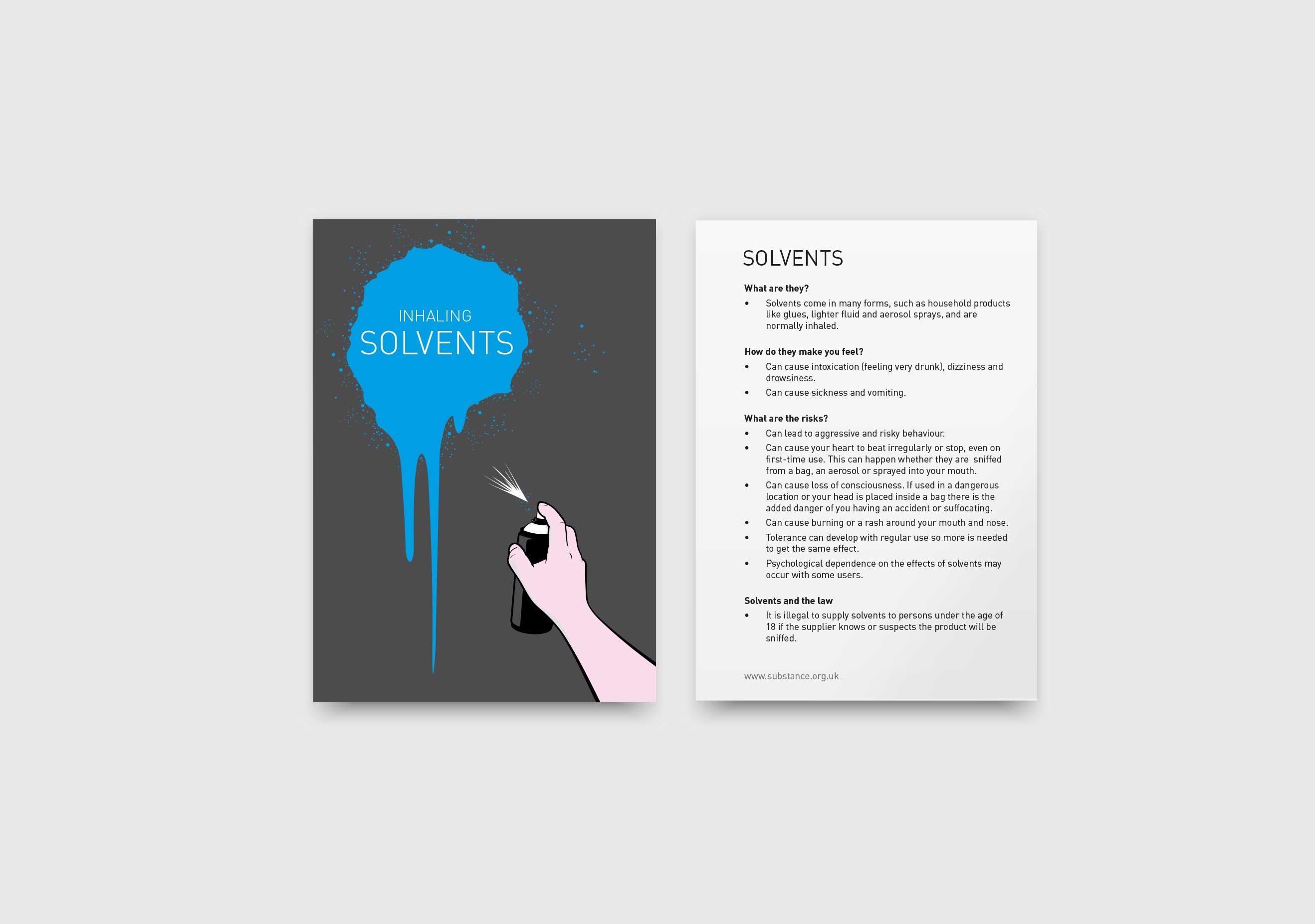 A6, postcard-style inhaling Solvents education resource . Solvent spray on front cover - solvent health information on reverse.