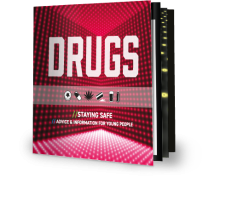 Cover of a drug information booklet featuring a cube of red light and row of drug icons including cannabis, cocaine, solvents, alcohol , and ecstasy