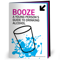 Cover of a 8-page alcohol education booklet for young people, featuring a pint glass and the word 'Booze'