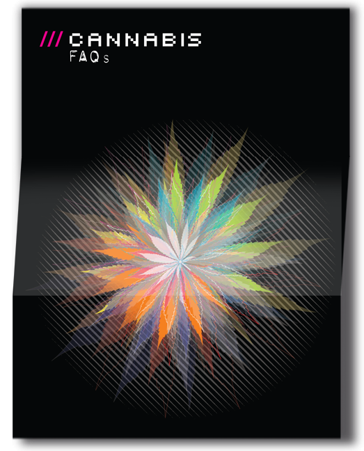 Front cover of a ketamine information leaflet showing an abstract cannabis leaf design and the word 'cannabis FAQs' on a black background.