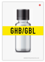 Bottle of GHB with the words GHB on top, printed on a drug information card