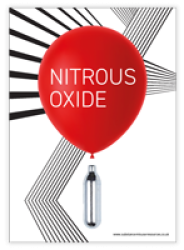 Nitrous oxide/laughing gas container with a red balloon, printed with the words nitrous oxide' coming out of the top printed on a drug education card