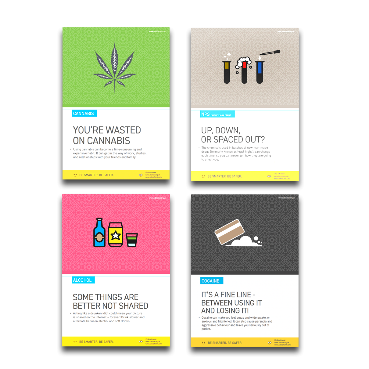 Four posters showing designs for a A3 cannabis poster, cocaine poster, alcohol poster, and NPS poster