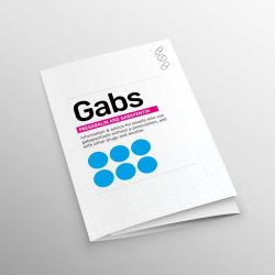 The word Gabs on top of 6 blue dots representing pregabalin and gabapentin, printed on the front of a folded health information harm reduction leaflet