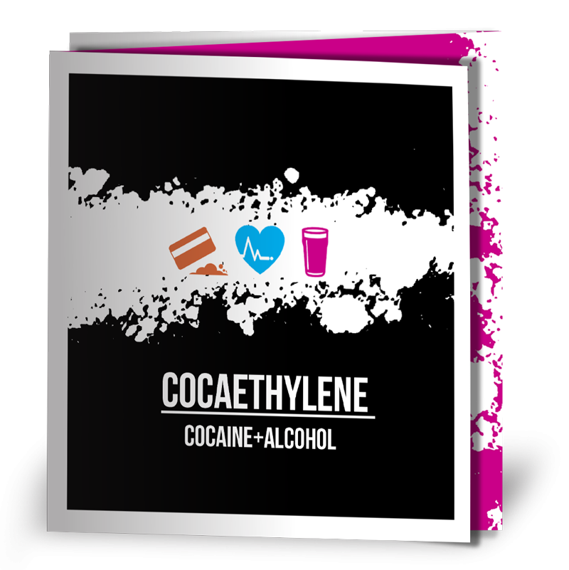 Cover of a cocaethylene harm reduction leaflet, featuring icons of a credit card chipping up cocaine,  heart, and glass of alcoholic beer, all on a black background