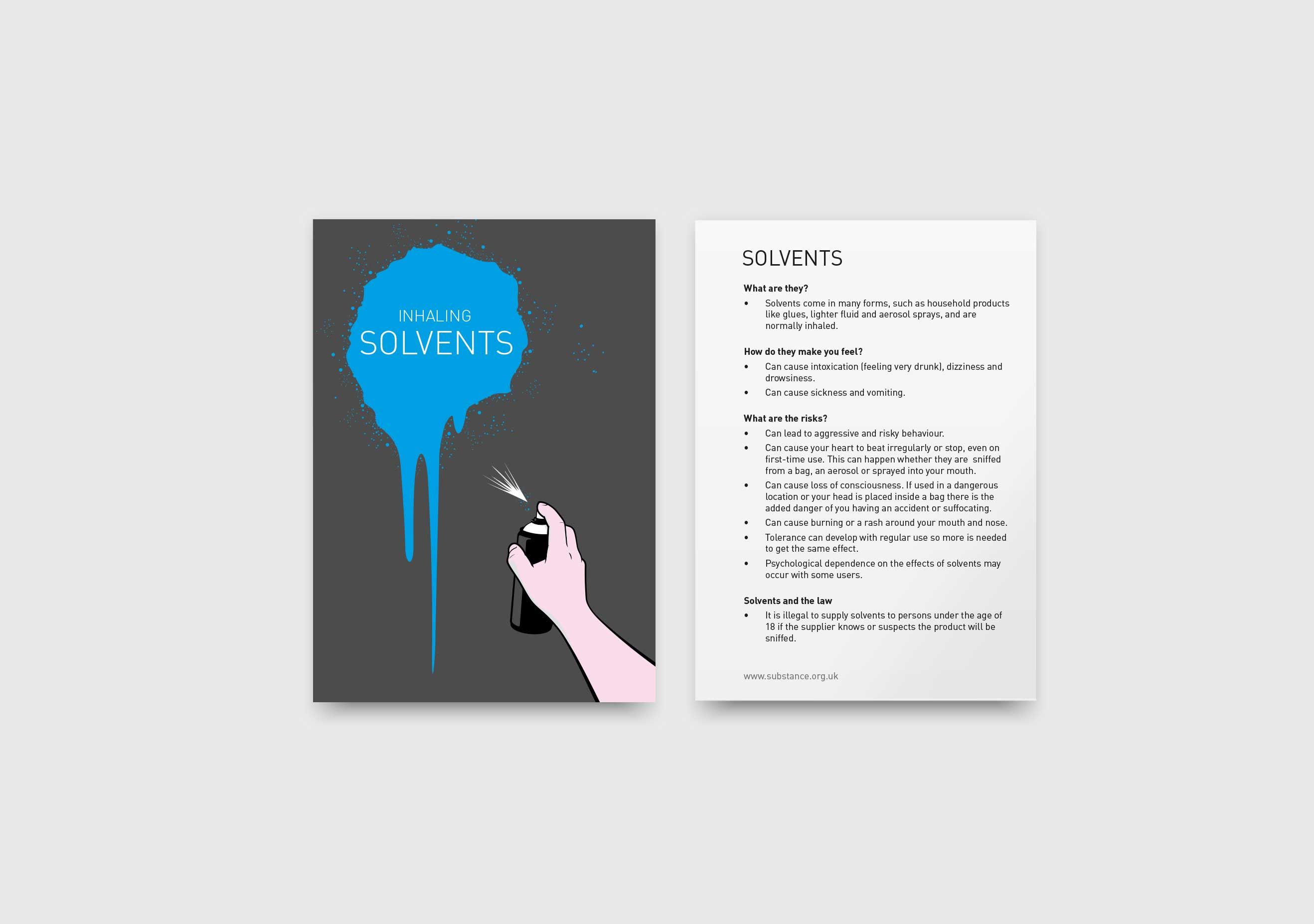 A6, postcard-style inhaling Solvents education resource . Solvent spray on front cover - solvent health information on reverse.