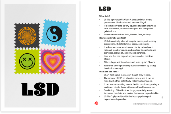 LSD awareness resource, showing images of LSD on the front and LSD information on the reverse