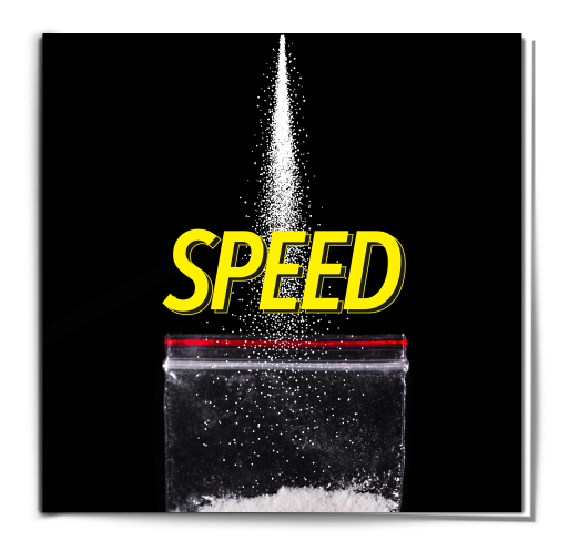 Line of amphetamine powder falling into a clear drug bag underneath the word Speed, on the front of an amphetamine information booklet