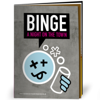 Front cover of a binge drinking alcohol information pamphlet, showing a can of beer and an illustrated drunken face and the words 'Binge - A night on the town'